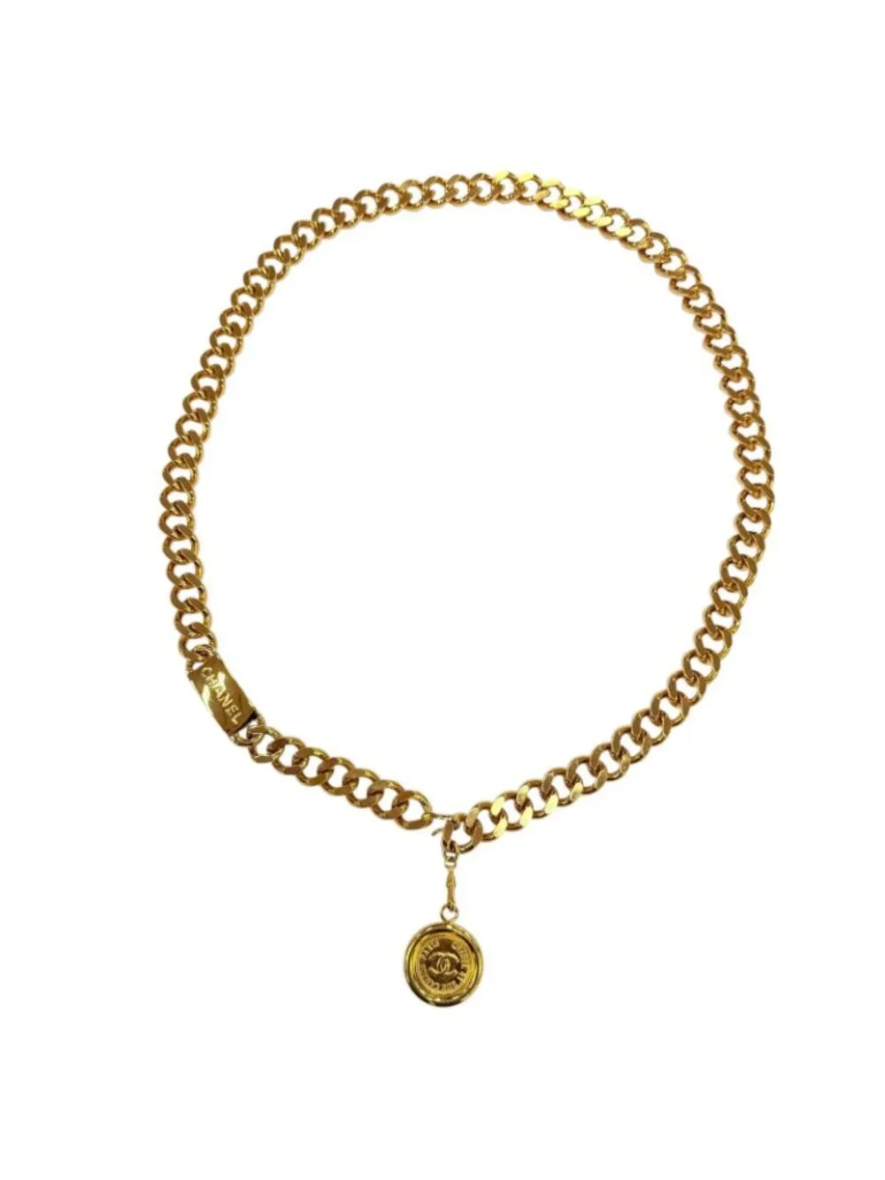 Chanel Vintage Metal Logo Plate CC Coin Chain Belt Gold